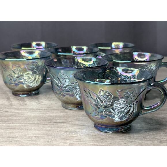 Set of 7 Vintage Indiana Carnival Glass Punch Cup Iridescent Blue Harvest Grape - Picture 4 of 6